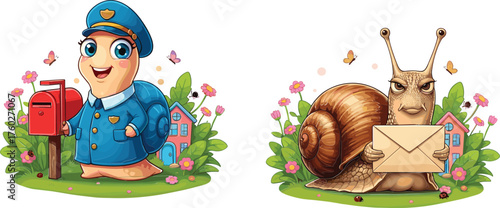 Cute cartoon snails as postmen delivering mail, funny animal characters illustration, happy snail mail carriers with envelopes in garden scene