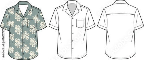 Men’s Hawaiian floral shirt flat sketch, short sleeve button-up shirt front and back CAD drawing, summer fashion vector illustration