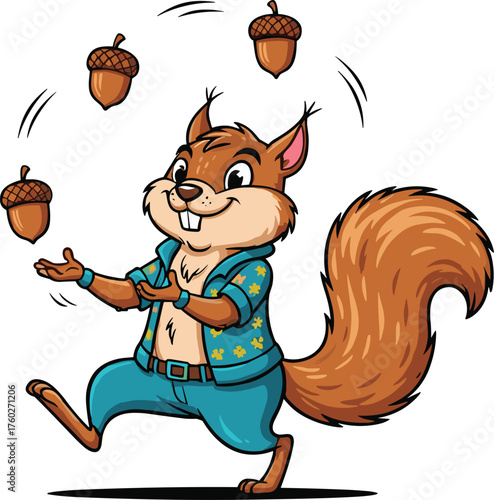 Cute cartoon squirrel juggling acorns, funny forest animal character illustration, happy squirrel in blue clothes performing trick, woodland art design