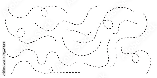 Hand drawn dot line path doodle. Dashed arrow set. Vector doodle dot line. Dotted hand drawn arrow. Doodle arrows of various shapes and directions. Path travel dotted line trip dashed best collection.