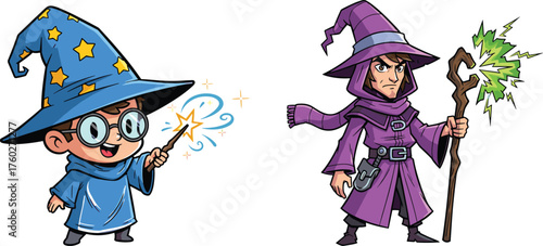 Cute cartoon wizard boy and powerful sorcerer with magic wand and staff, fantasy magician character vector illustration, mystical artwork design