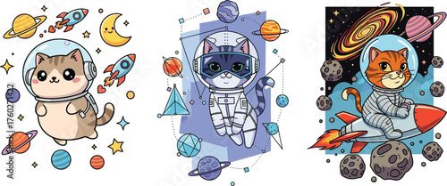 Cute cats in astronaut suits exploring outer space with rockets and planets, adorable space adventure illustration, cartoon vector art design