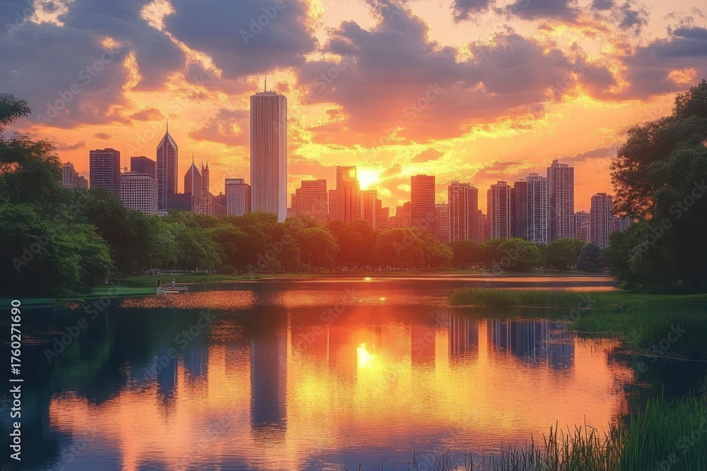 Fototapeta premium Sunset over a city skyline with skyscrapers reflecting in a calm lake surrounded by lush green trees creating a peaceful and warm atmosphere
