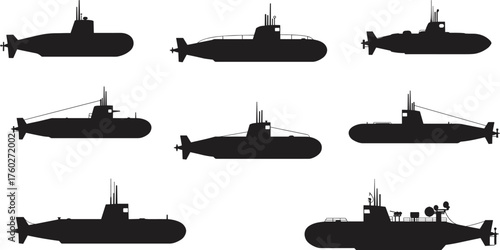 Submarine silhouette, naval vessel, underwater ship, military submarine, black vector, periscope, propeller, side view, graphic art, ocean transport