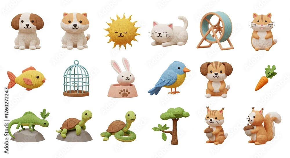Fototapeta premium Collection of adorable cartoon pets and animals, including dogs, cats, birds, and other creatures.