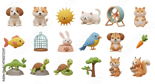 Collection of adorable cartoon pets and animals, including dogs, cats, birds, and other creatures.