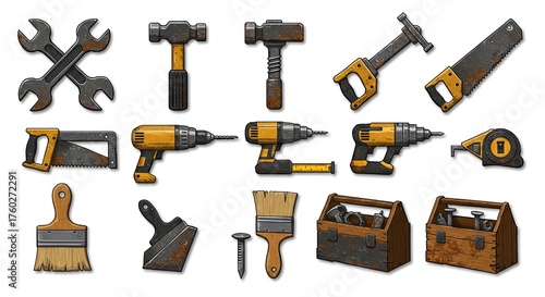 A collection of various construction and repair tools, including hammers, saws, drills, and wrenches, isolated on a white background.
