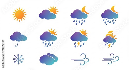 A collection of twelve modern weather forecast icons representing various conditions like sun, rain, snow, and wind.