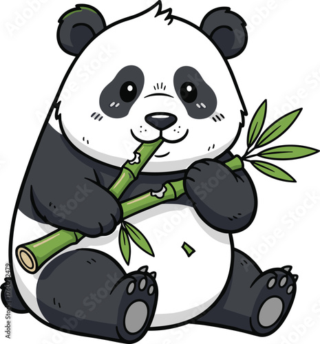 Cute panda eating bamboo cartoon illustration, adorable wildlife animal character, forest nature design, Asian bear eating bamboo vector art