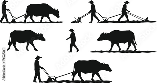 Traditional farming silhouette, water buffalo plowing field, conical hat farmer, rural agriculture vector, Asian countryside labor, black minimalist illustration