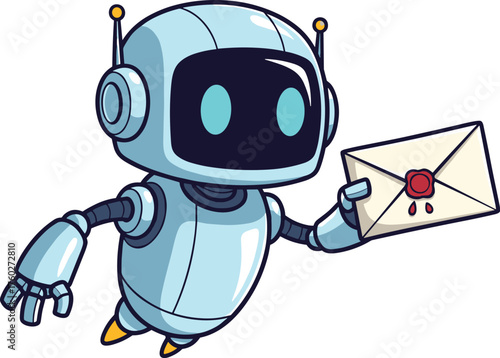 Cute robot holding envelope cartoon illustration, futuristic AI character delivering message, modern technology communication design, friendly android vector art