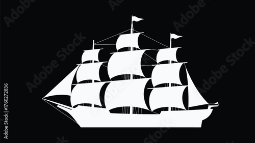 Minimalist Silhouette of a Classic Sailing Ship on Black Background