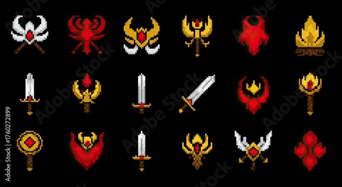 A collection of pixel art icons featuring fantasy crests, swords, and magical symbols in red, gold, and white.