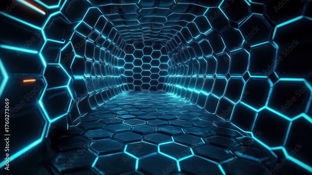 Naklejka premium Futuristic hexagonal tunnel illuminated with glowing blue neon outlines creating a sense of depth and advanced technology