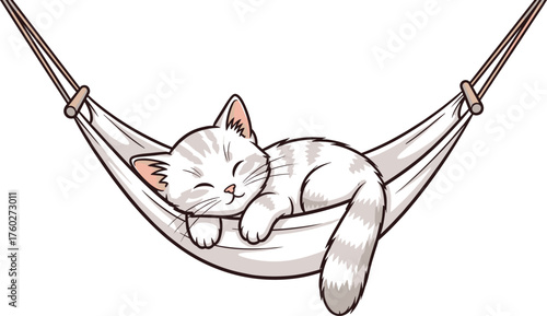 Cute sleepy cat relaxing in hammock, adorable kitten illustration, peaceful feline resting, cozy pet nap, vector animal art, relaxation scene