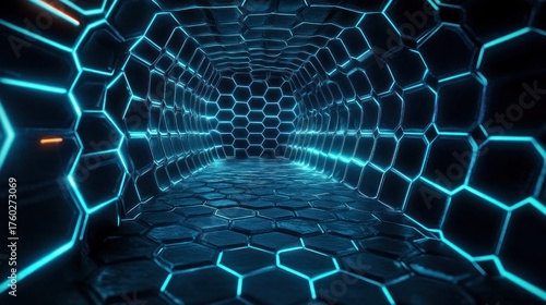 Fototapeta Naklejka Na Ścianę i Meble -  Futuristic hexagonal tunnel illuminated with glowing blue neon outlines creating a sense of depth and advanced technology