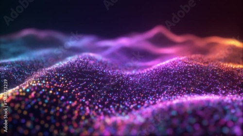 Quantum particle liquid flows creating glowing waves with shimmering neon highlights in a seamless abstract futuristic loop design