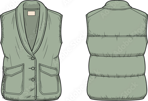 Puffer vest fashion flat sketch, sleeveless winter outerwear technical drawing front and back view, detailed apparel design, cad drawing flat vector illustration