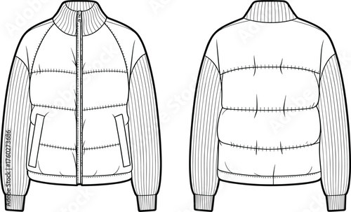 Puffer jacket technical flat sketch front and back view, quilted winter outerwear with ribbed sleeves and zipper, cad drawing flat vector illustration