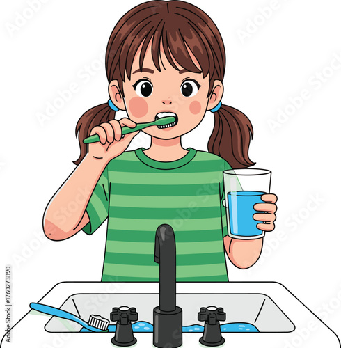 Girl brushing teeth at sink, daily hygiene routine illustration, dental care and oral health education concept for children morning activity