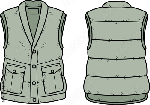 Puffer vest technical fashion flat sketch, sleeveless winter jacket design front and back view, outdoor apparel template, cad drawing flat vector illustration