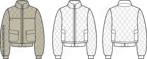 Quilted bomber jacket front and back flat, fashion technical drawing, outerwear design template, unisex casual winter wear, cad drawing flat vector illustration