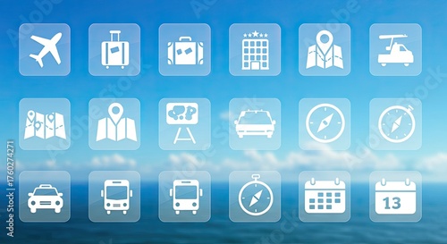 Grid of white translucent travel and navigation icons on a blurred blue sky and ocean background.