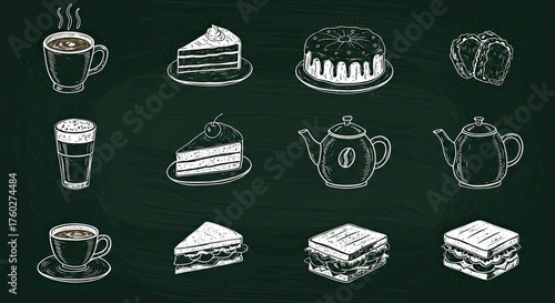 Chalkboard drawing of coffee, cake, sandwiches, and teapots.
