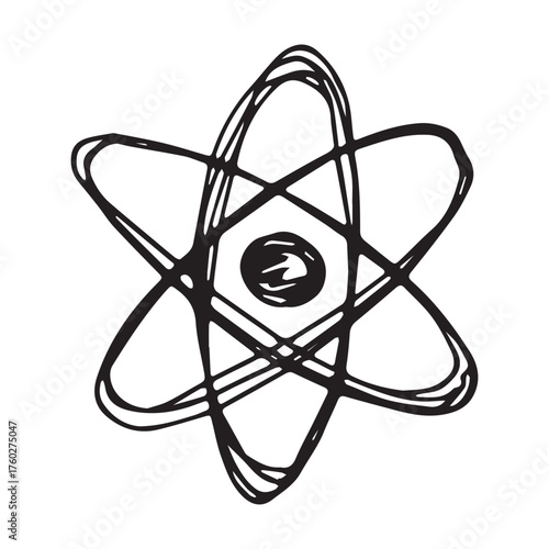 Hand drawn atom sign Molecule clipart in doodle style Single element for print, web, design, decor Symbol of science, education, nuclear energy, scientific research, molecular chemistry