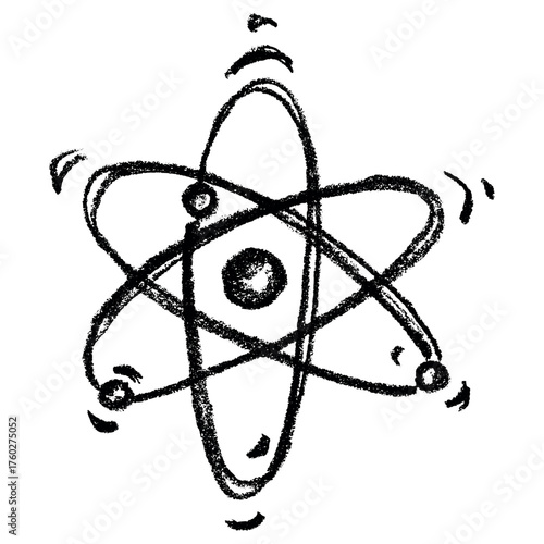 Hand drawn atom sign Molecule clipart in doodle style Single element for print, web, design, decor Symbol of science, education, nuclear energy, scientific research, molecular chemistry