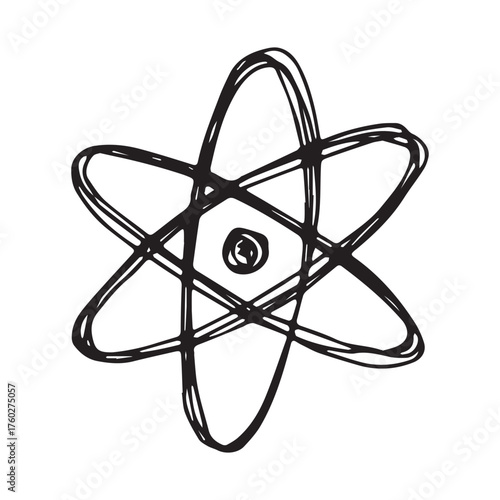 Hand drawn atom sign Molecule clipart in doodle style Single element for print, web, design, decor Symbol of science, education, nuclear energy, scientific research, molecular chemistry