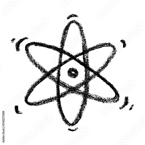 Hand drawn atom sign Molecule clipart in doodle style Single element for print, web, design, decor Symbol of science, education, nuclear energy, scientific research, molecular chemistry