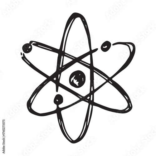 Hand drawn atom sign Molecule clipart in doodle style Single element for print, web, design, decor Symbol of science, education, nuclear energy, scientific research, molecular chemistry