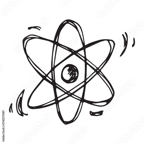 Hand drawn atom sign Molecule clipart in doodle style Single element for print, web, design, decor Symbol of science, education, nuclear energy, scientific research, molecular chemistry