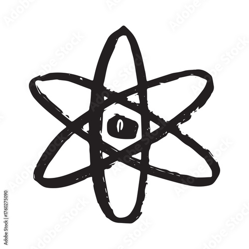 Hand drawn atom sign Molecule clipart in doodle style Single element for print, web, design, decor Symbol of science, education, nuclear energy, scientific research, molecular chemistry