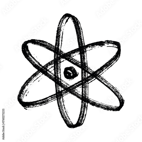 Hand drawn atom sign Molecule clipart in doodle style Single element for print, web, design, decor Symbol of science, education, nuclear energy, scientific research, molecular chemistry