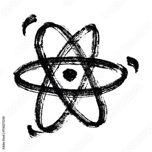 Hand drawn atom sign Molecule clipart in doodle style Single element for print, web, design, decor Symbol of science, education, nuclear energy, scientific research, molecular chemistry