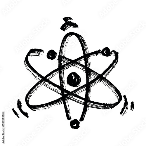 Hand drawn atom sign Molecule clipart in doodle style Single element for print, web, design, decor Symbol of science, education, nuclear energy, scientific research, molecular chemistry