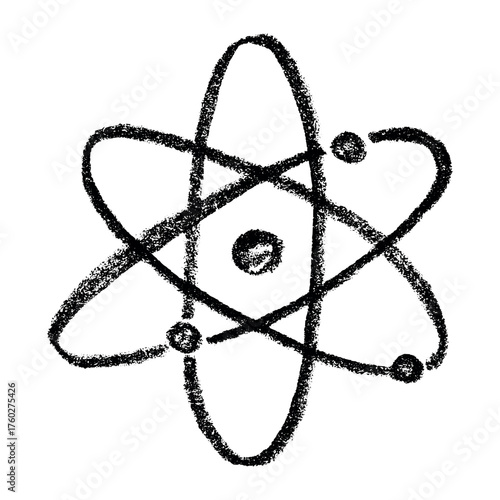 Hand drawn atom sign Molecule clipart in doodle style Single element for print, web, design, decor Symbol of science, education, nuclear energy, scientific research, molecular chemistry