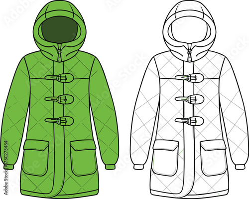 Quilted hooded duffle coat front view, winter padded jacket fashion flat sketch with pockets and toggle closure, cad drawing flat vector illustration