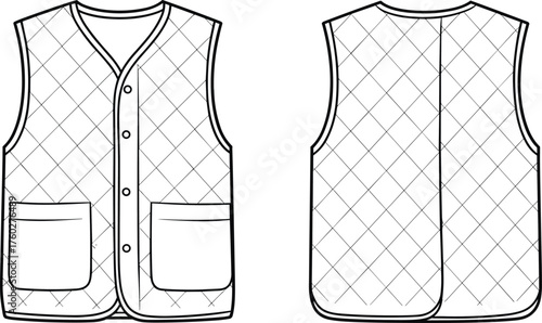 Quilted sleeveless vest flat sketch front and back view, fashion technical drawing with pockets and button closure, cad drawing flat vector illustration