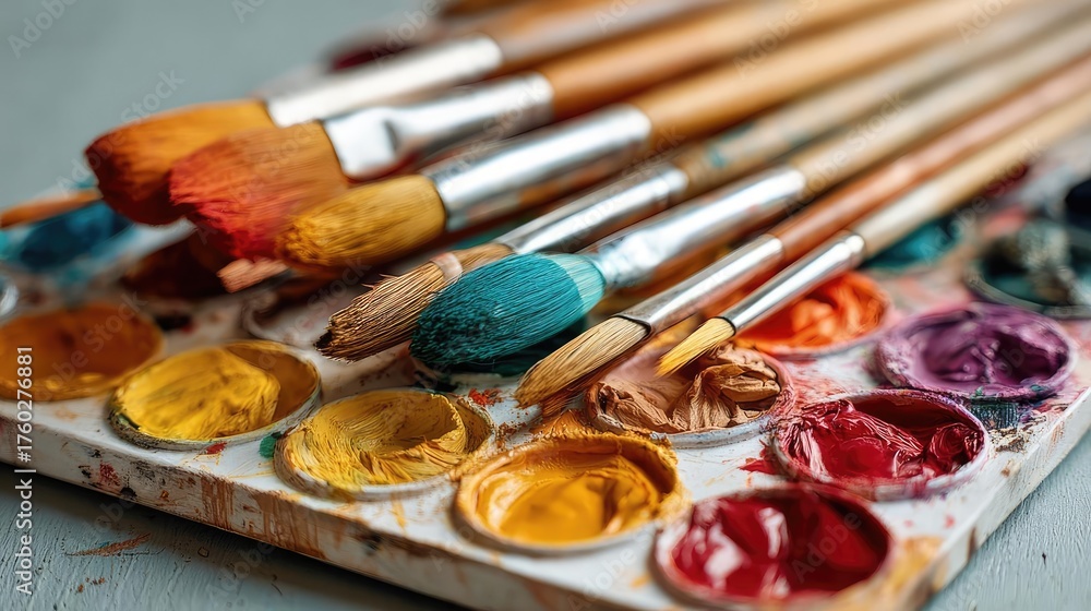 Obraz premium Set of accessories for painting with brushes and paints concept. Colorful paint palette with brushes, perfect for artistic inspiration.