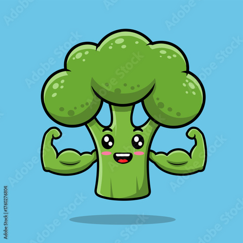 Strong Broccoli Cartoon Character Showing Muscles on Blue Background.