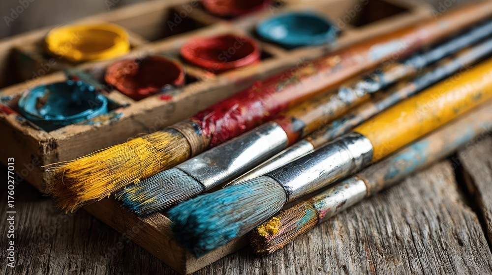 Obraz premium Set of accessories for painting with brushes and paints concept. Art supplies featuring brushes and a paint palette on wood.