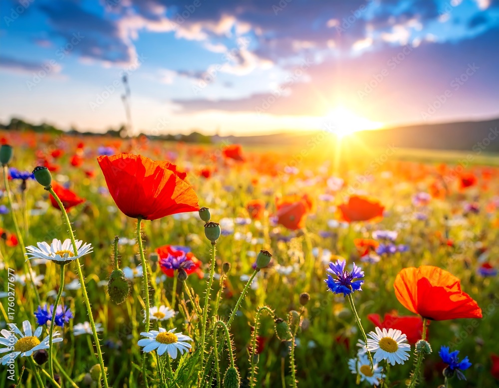 Obraz premium A vibrant field of wildflowers, including poppies and daisies, basks in the golden light of a setting sun