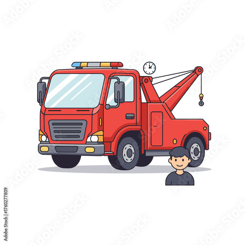 Red tow truck front view with cartoon man