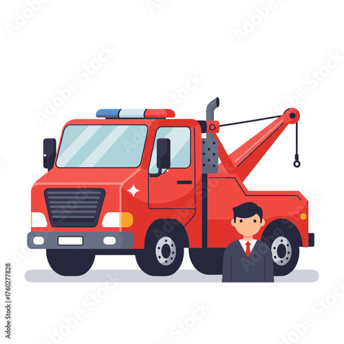 Red tow truck with man standing beside