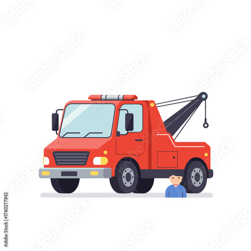 Red tow truck with cartoon man illustration