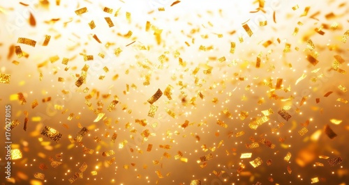Bright golden confetti floating and sparkling in warm light creating a festive and celebratory mood