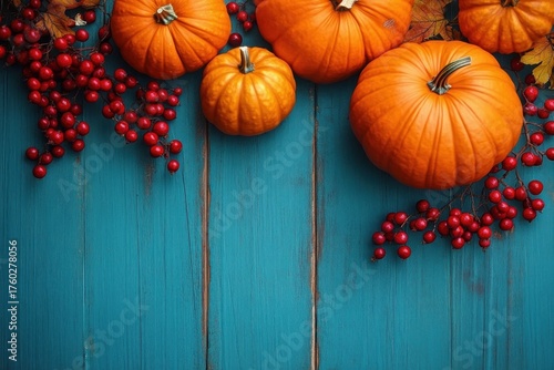 Wallpaper Mural Bright orange pumpkins and clusters of red berries arranged on a rustic teal wooden surface conveying a warm and festive autumn atmosphere Torontodigital.ca